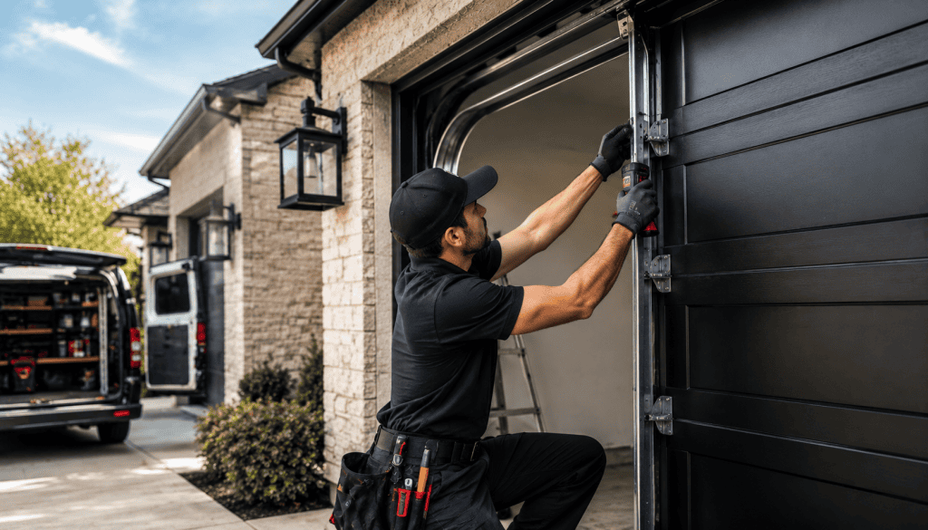 Garage door repair technician working on a residential garage door in Abilene TX