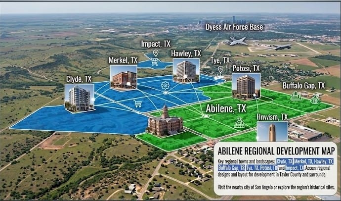Map of garage door repair service areas near Abilene TX including Clyde, Merkel, Hawley, Buffalo Gap, Impact, and Tye